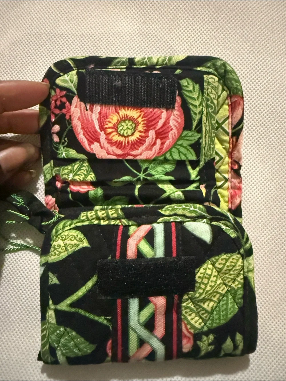 Floral Quilted Fold-Over Wallet - Black with Green & Pink Accents